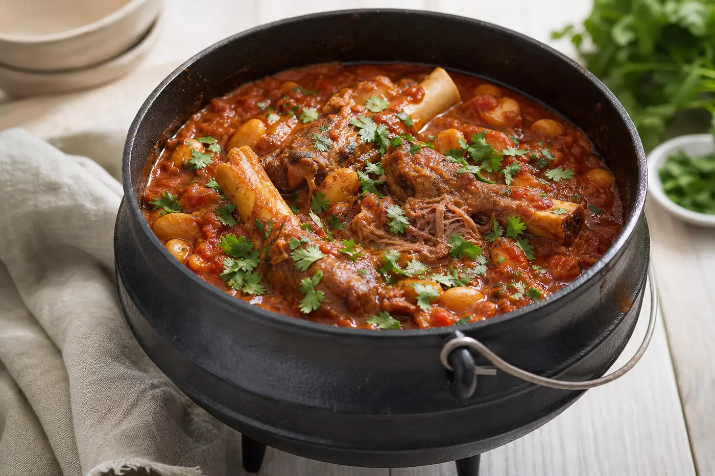 Spiced lamb shank potjie with butter beans